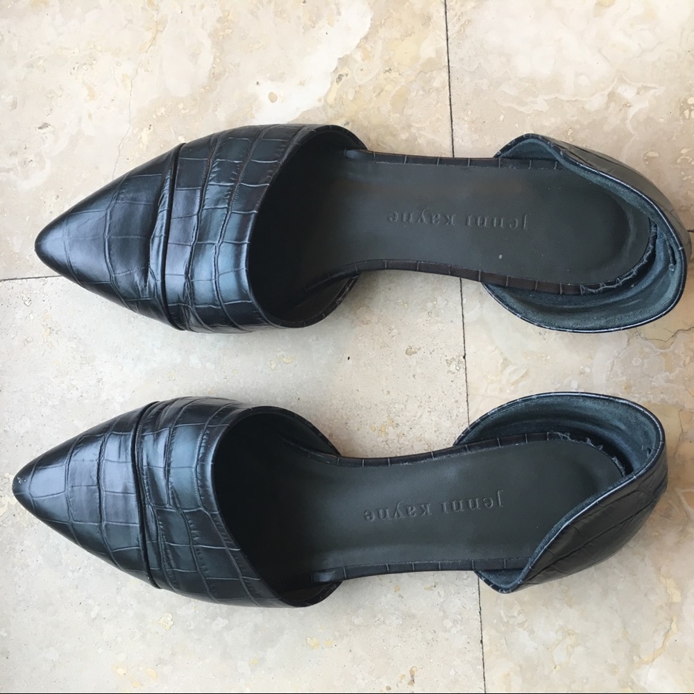 Black lizard skin leather d’orsay flats 37.5 7.5